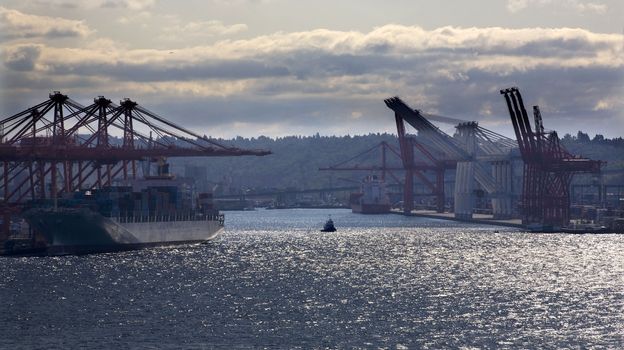 Port of Seattle Washington Freight Ship Tug Boat Cranes October 10, 2008