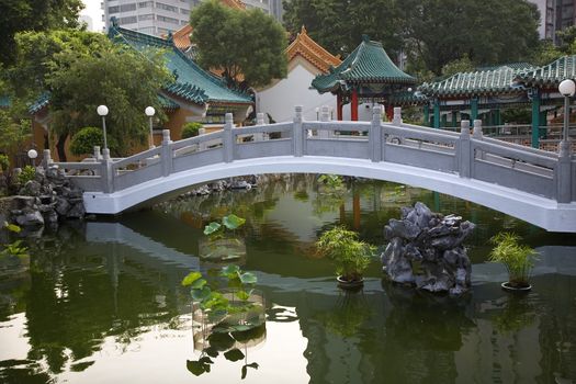 Chinese Good Fortune Water Garden Bridge Reflection Wong Tai Sin Taoist Temple Kowloon Hong Kong