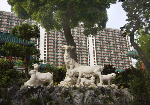 Goat Statue Modern Apartment Buildings Wong Tai Sin Buddhist Taoist Confucian Temple Kowloon Hong Kong  Statue symbolizes life of Wong Tai Sin as a shepherd before he became a Taoist diety.
