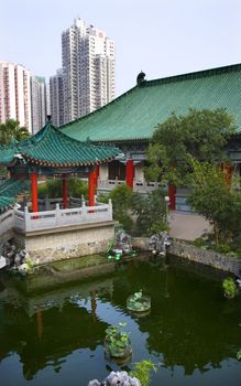 Red Pavilion Good Fortune Water Garden Reflection Wong Tai Sin Buddhist Taoist Temple Kowloon Hong Kong