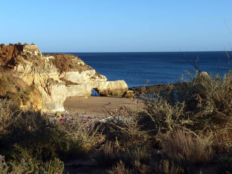 A section of the idyllic Praia de Rocha beach on the southern coast of the Portuguese Algarve region.