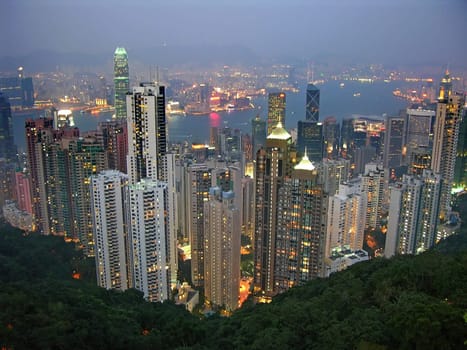 Hong Kong Skyline and Harbor from Victoria Peak Early evening