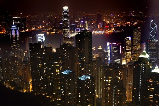 Hong Kong Skyline and Harbor at Night from Victoria Peak  Trademarks removed 