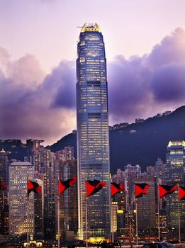 Two International Finance Centre Hong Kong Harbor Sunset Red Flags from Kowloon