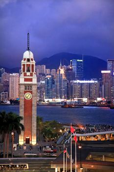 Hong Kong Clock Tower and Harbor at Night from Kowloon Star Ferry Reflection