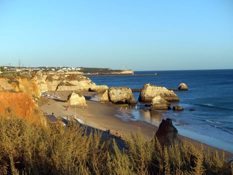 A section of the idyllic Praia de Rocha beach on the southern coast of the Portuguese Algarve region.
