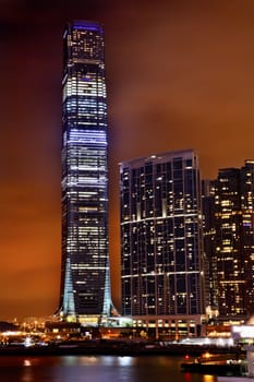 Inernational Commerce Center ICC Buildking Kowloon Hong Kong Harbor at Night 4th Largest Building in the World