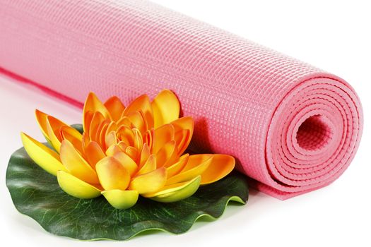 Yoga mat with oriental flower on white background