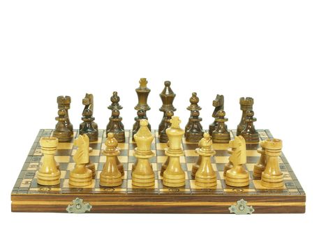 chess board set up on white background