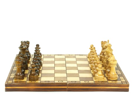 chess board set up on white background