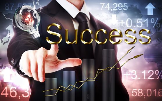 Businessman pointing to success with a graph representing growth and a light bulb with stock market background