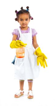A pretty little mulatto girl maid cleaner with gloves. Isolated white background