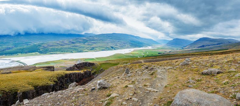 Cloudy sky over the coast in the East Fjords Iceland. Panorama