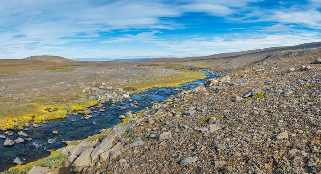 Glacier great fast blue river with green banks in Iceland. Panorama