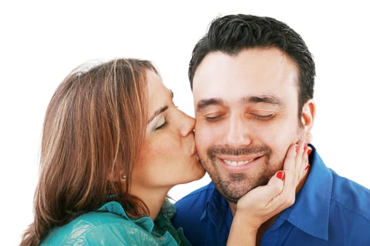 Lovely woman kissing her boyfriend, isolated on white