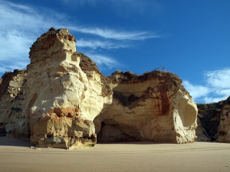 A section of the idyllic Praia de Rocha beach on the southern coast of the Portuguese Algarve region.