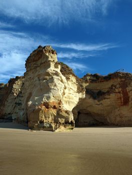 A section of the idyllic Praia de Rocha beach on the southern coast of the Portuguese Algarve region.