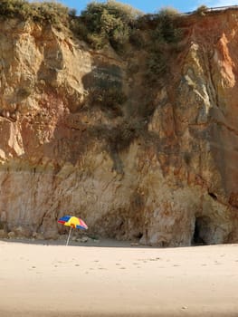 A section of the idyllic Praia de Rocha beach on the southern coast of the Portuguese Algarve region.