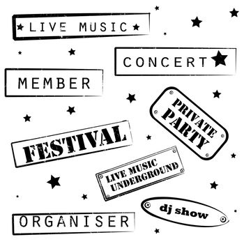 retro party music stamps collection for a night club or bar, eight seals with pop art design