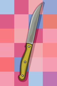 hand drawn illustration of a kitchen knife over a tablecloth pattern with squares