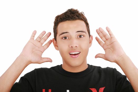 young amazed and surprised man portrait isolated on white background