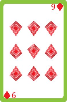 Scale hand drawn illustration of a playing card representing the nine of diamonds, one element of a deck