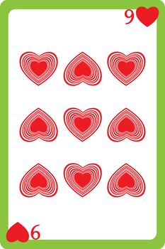 Scale hand drawn illustration of a playing card representing the nine of hearts, one element of a deck