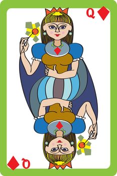 Scale hand drawn illustration of a playing card representing the queen of diamonds, an element of a deck