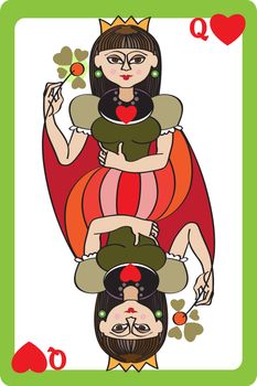 Scale hand drawn illustration of a playing card representing the queen of hearts, an element of a deck