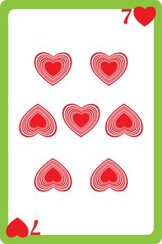 Scale hand drawn illustration of a playing card representing the seven of hearts, one element of a deck