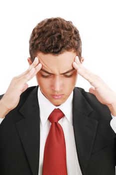 Attractive young man suffering from headache. All on white background.