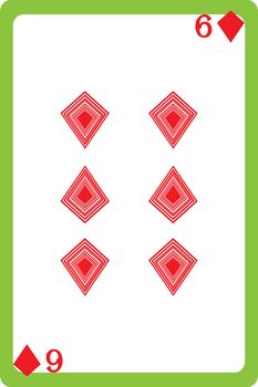 Scale hand drawn illustration of a playing card representing the six of diamonds, one element of a deck