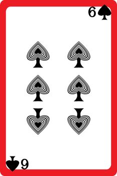 Scale hand drawn illustration of a playing card representing the six of spades, one element of a deck