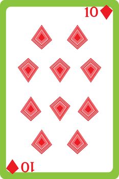 Scale hand drawn illustration of a playing card representing the ten of diamonds, one element of a deck