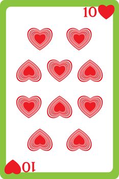 Scale hand drawn illustration of a playing card representing the ten of hearts, one element of a deck
