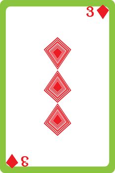 Scale hand drawn illustration of a playing card representing the three of diamonds, one element of a deck