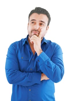 caucasian man thinking pensive looking up studio portrait on isolated white background