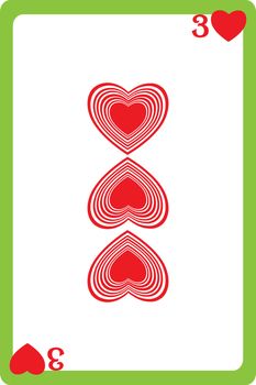 Scale hand drawn illustration of a playing card representing the three of hearts, one element of a deck