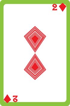 Scale hand drawn illustration of a playing card representing the two of diamonds, one element of a deck