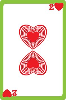 Scale hand drawn illustration of a playing card representing the two of hearts, one element of a deck