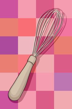 hand drawn illustration of a whisk over a kitchen pattern with squares