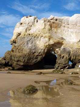 Caves and colourful rock formations on the Algarve coast in Portugal