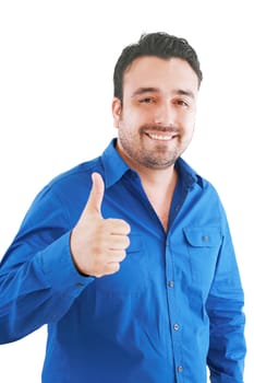 Happy casual young man showing thumb up and smiling isolated on white background