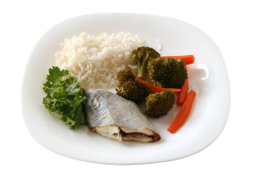 fried swordfish with rice and vegetables