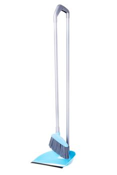 Blue broom and scoop isolated on white