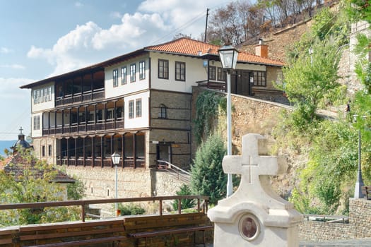 old ancient church complex and monastery, st. Joakim Osogovski, Macedonia, front view of stone grave christ