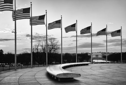 View of the Lincoln Memorial and the Reflecting Pool from the base of Washington Monument in Washington DC