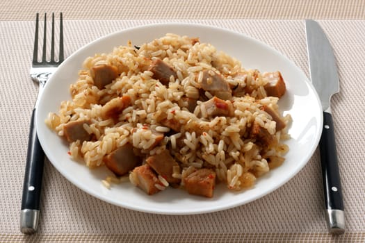 Rice with meat on a plate