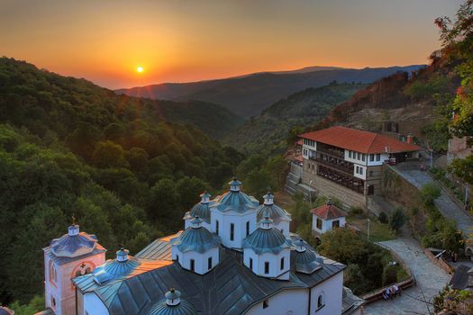 old church and monastery on the colorful sunset, st. Joakim Osogovski, Macedonia