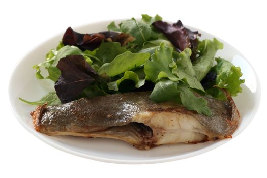 fried flounder with salad on white plate